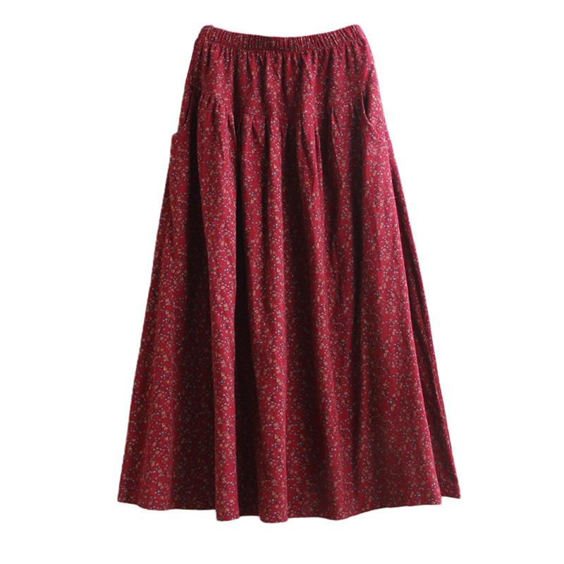 Autumn Winter Retro Cotton Linen Floral A-Line Skirt