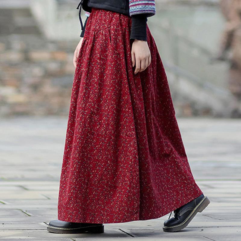 Autumn Winter Retro Cotton Linen Floral A-Line Skirt