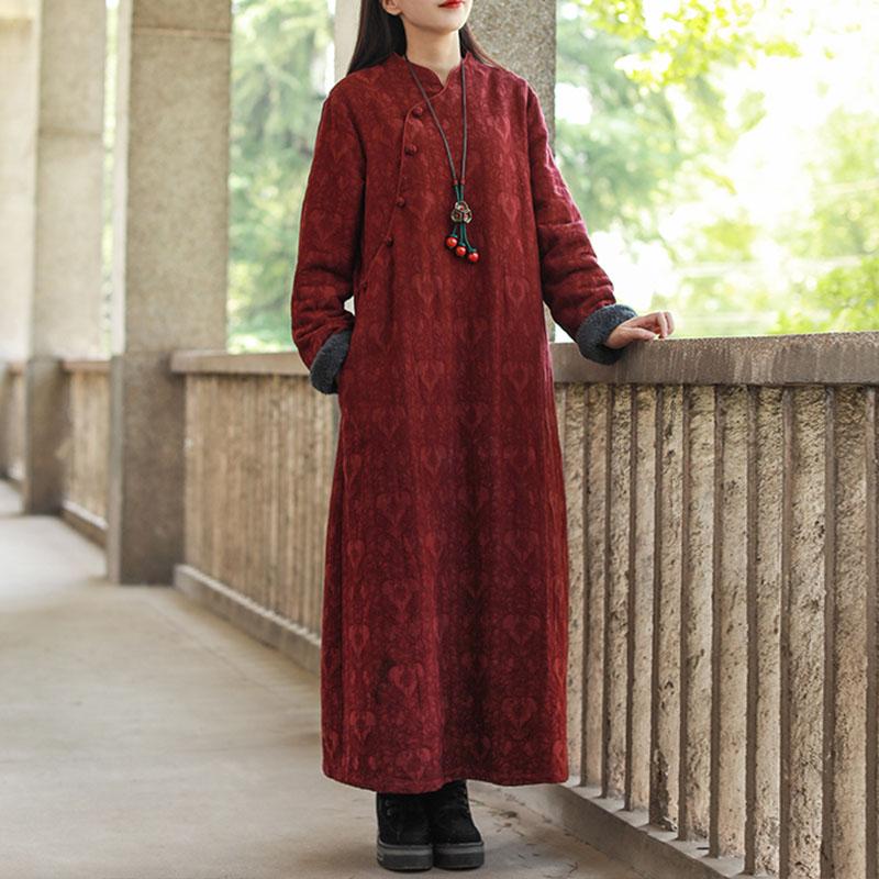 Herbst-Winter-Retro-Baumwoll-Leinen-dickes Plüschkleid