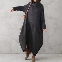 Autumn Winter Turtleneck Linen Patchwork Knitted Dress