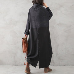 Autumn Winter Turtleneck Linen Patchwork Knitted Dress