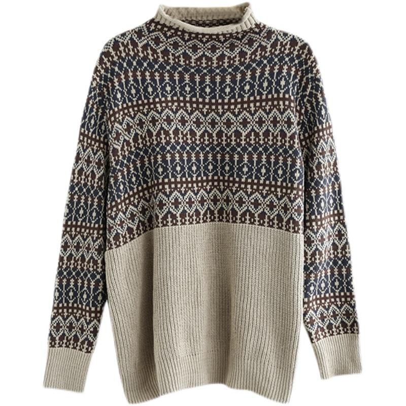 Autumn Winter Turtleneck Retro Cotton Knitted Sweater