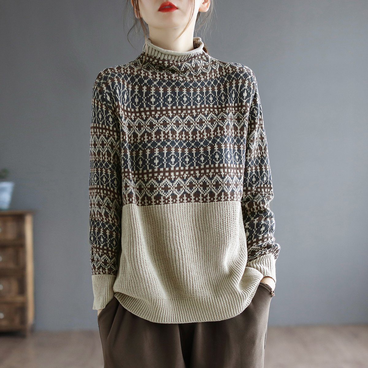 Autumn Winter Turtleneck Retro Cotton Knitted Sweater