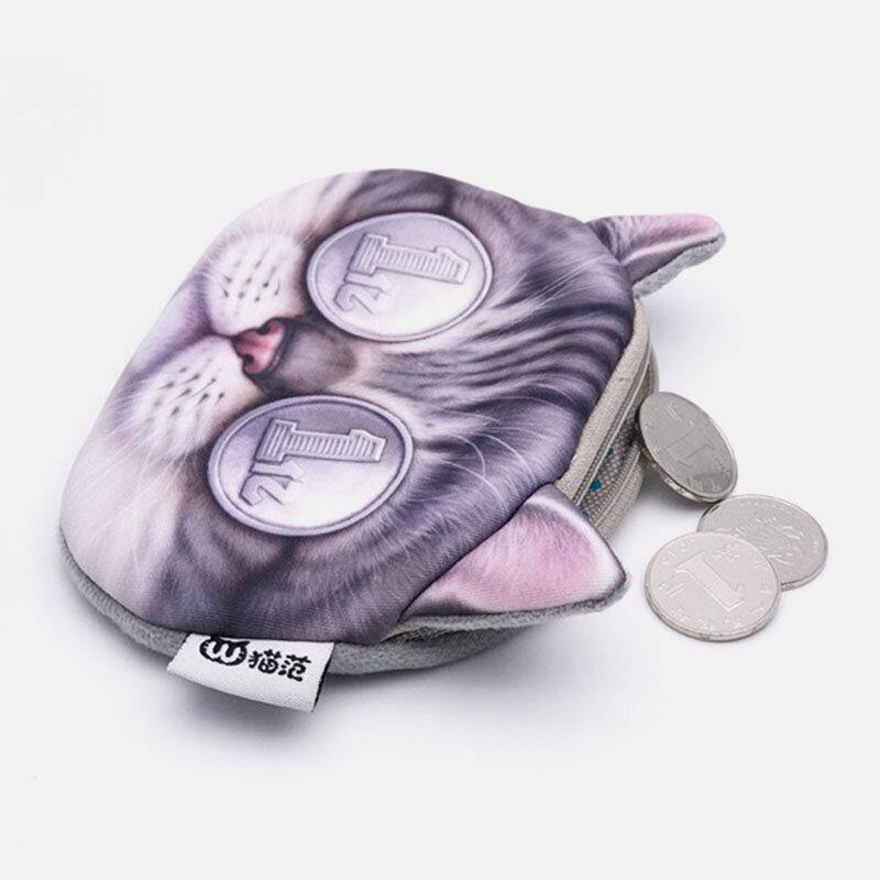 Women Cartoon 3D Cat Head Personality Cute Small Storage Bag Coin Bag