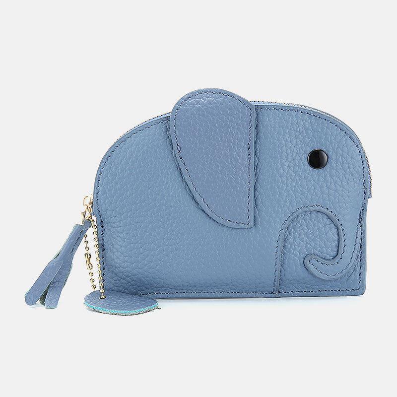 Women Genuine Leather Casual Cute Animal Elephant Pattern Mini Keychain Coin Bag Storage Bag