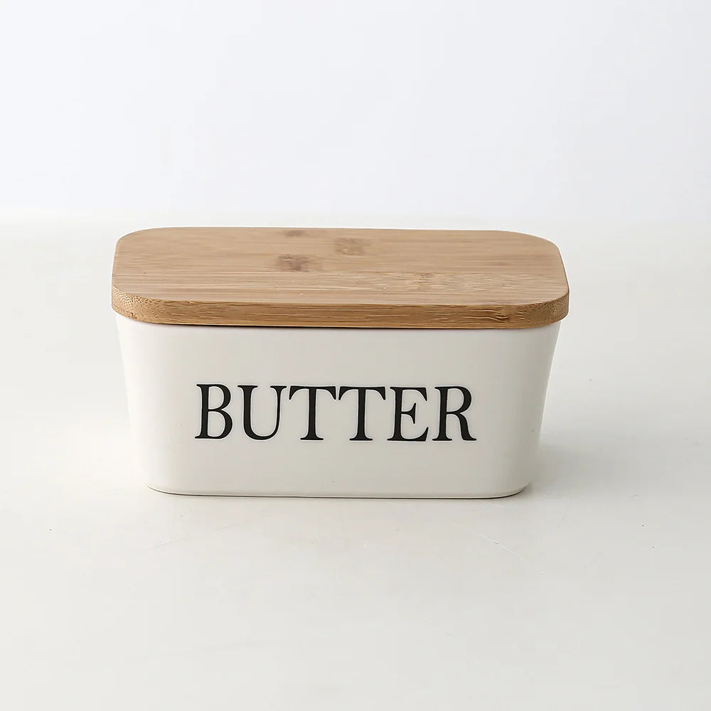 Porcelain Butter Dish with Bamboo Lid - Covered Butter Dish with Butter Knife for Countertop