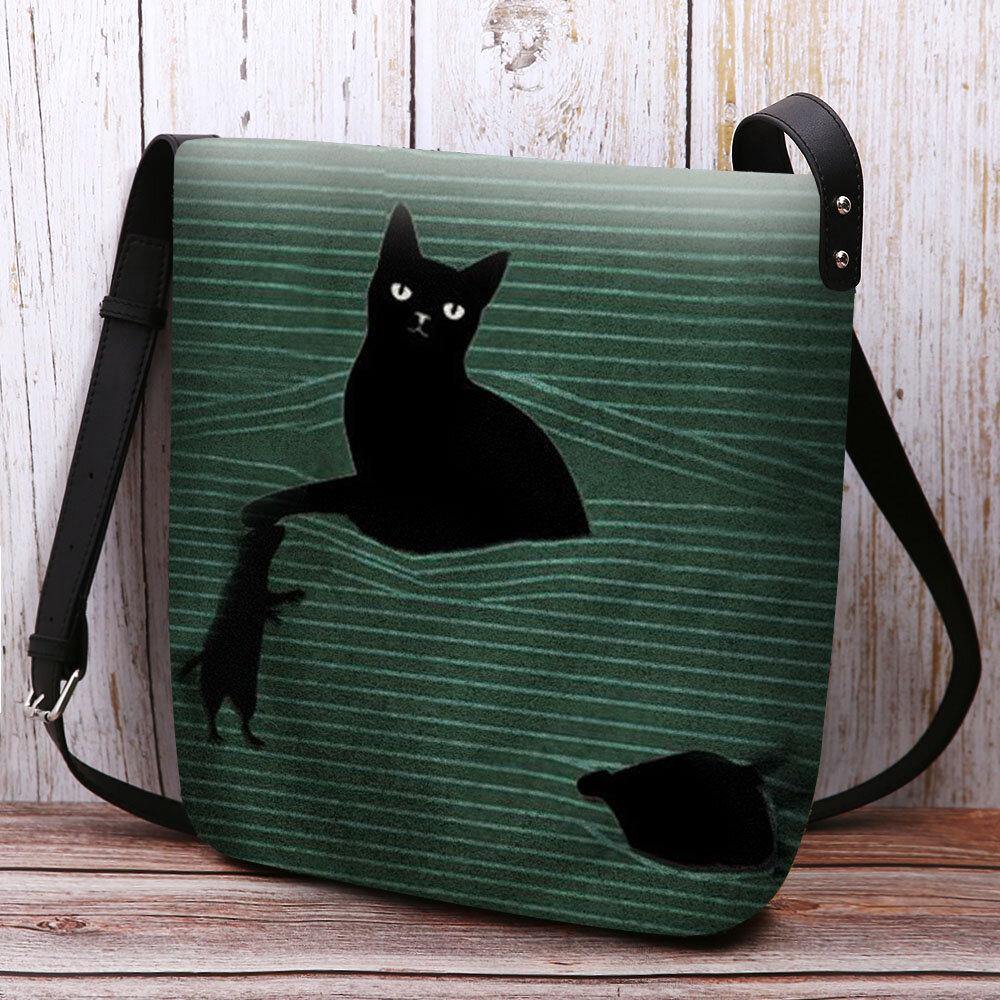 Bolso de hombro tipo bandolera con diseño de ratón y rayas de gato negro de dibujos animados informal bonito de fieltro para mujer 