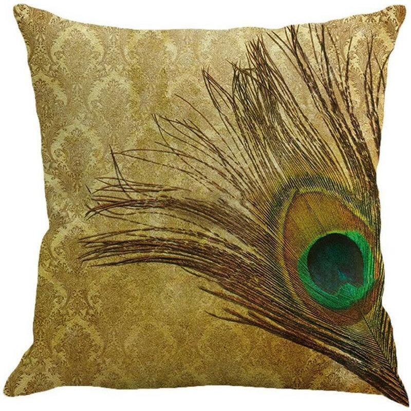 Linen Cushion Cover Peacock Feather Throw Pillow Case Home Sofa Cover