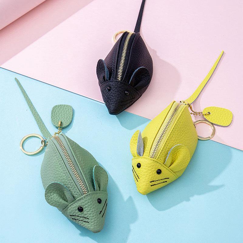 Women Genuine Leather Casual Cute Animal Mouse Pattern Mini Keychain Coin Bag Storage Bag