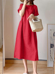 100% Cotton Solid Pleating Side Pockets Midi Dress