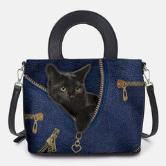 Bolso bandolera con diseño de gato negro de dibujos animados de piel sintética para mujer 