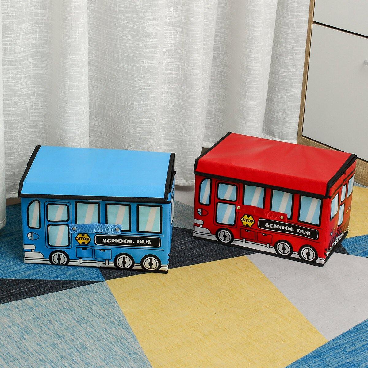 1.8L Waterproof Bus Shape Children Kids Toys Storage Box Foldable Non-woven Cartoon Car Pattern Toys Basket