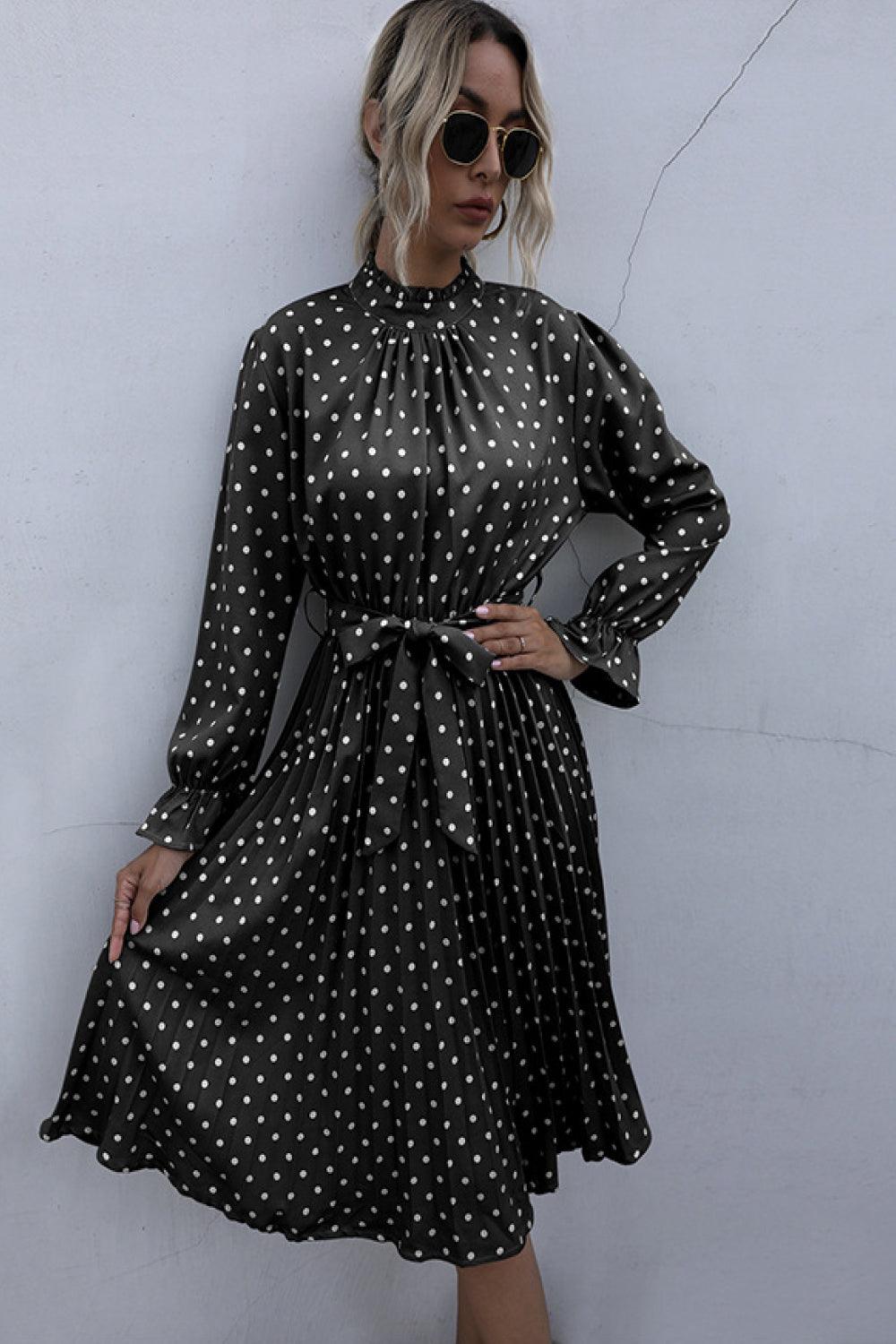 Polka Dot Pleated Dress With Belt