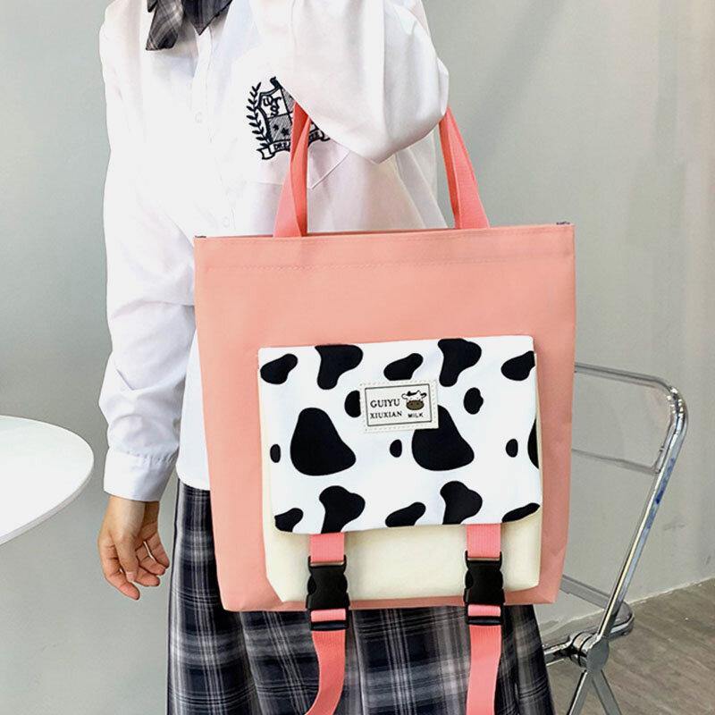 5 PCS Canvas Preppy Cow Pattern Multifunction Combination Bag Backpack Tote Crossbody Bag Clutch Wallet