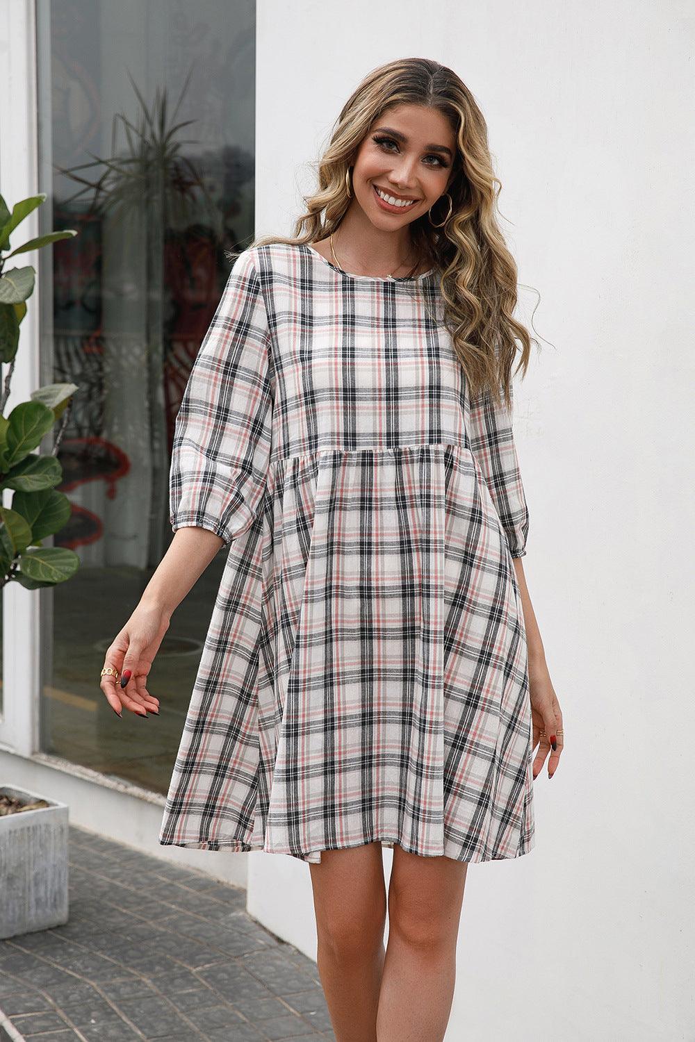 Plaid Three-quarter Sleeve Babydoll Dress