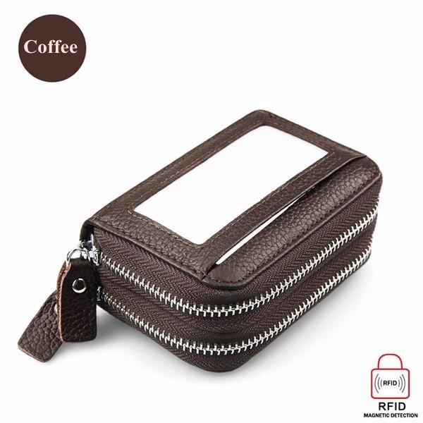 Genuine Leather RFID Double Zipper 11 Card Holder Coin Bag