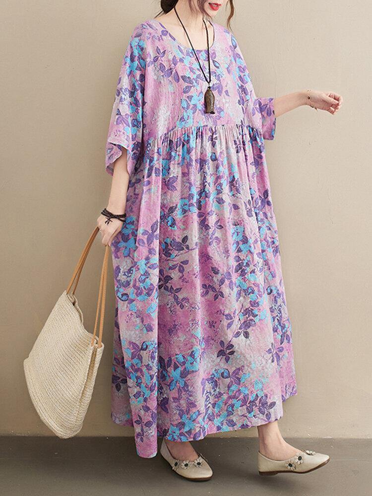 Casual Floral Printed Loose Fit O-Neck Maxi Dress For Women