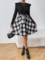 Plaid Ruffle Shoulder Round Neck Dress