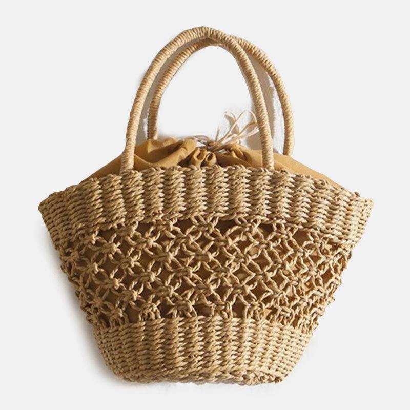 Bolso cilíndrico de cuerda de papel hecho a mano Retro hueco de paja para mujer bolso de mano de playa 