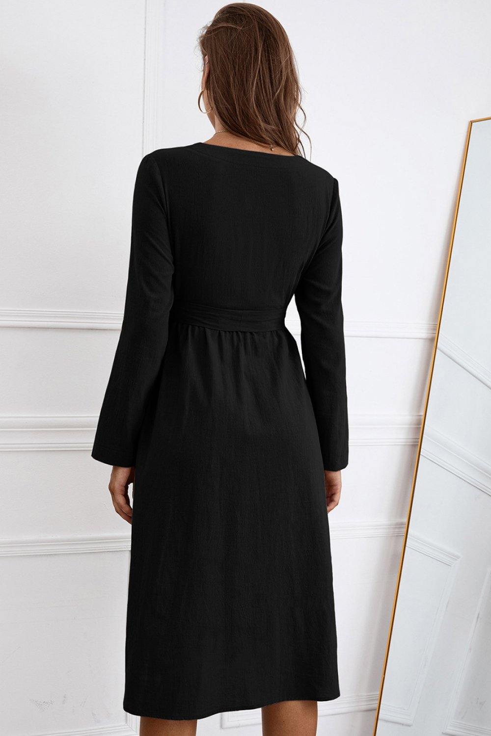 Half Button Tie Waist Dress