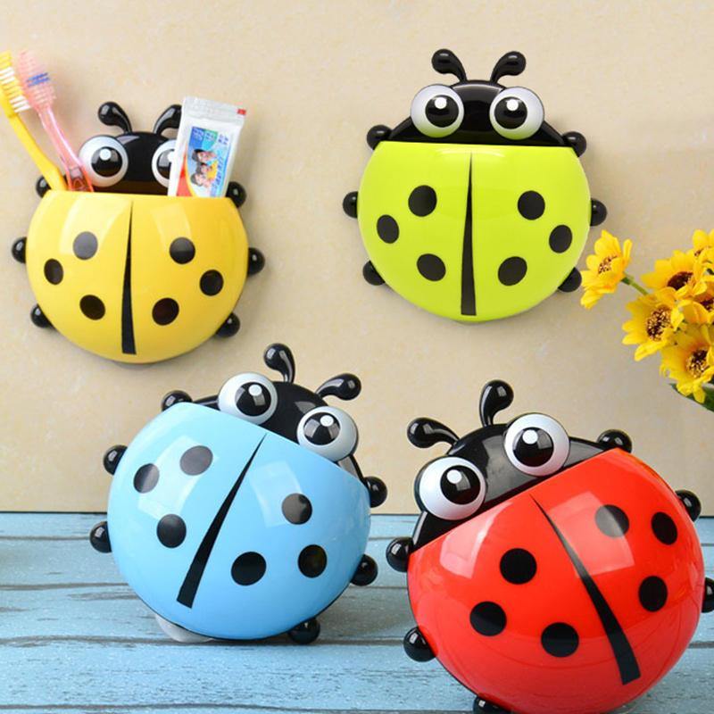 4 Color Toothbrush Cup Holder Storage Rack for Home Bathroom Organizer Ladybug Toothbrush Holder Strong Suction Cup Creative Cartoon PVC Wall Mount