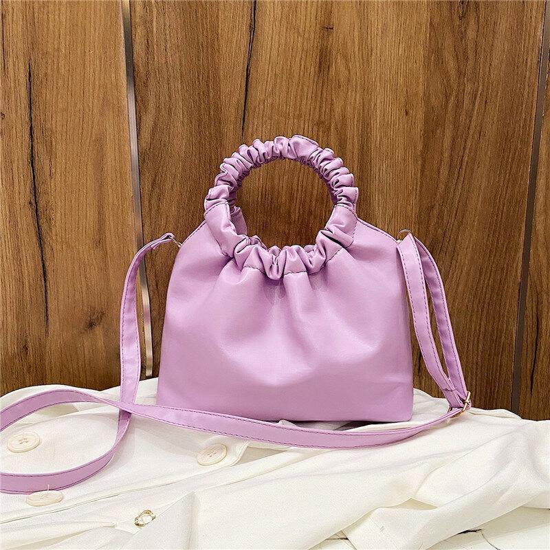 Bolso fruncido en forma de concha de Color sólido de cuero PU para mujer, bolso de mano, bolso de hombro, bolso cruzado 