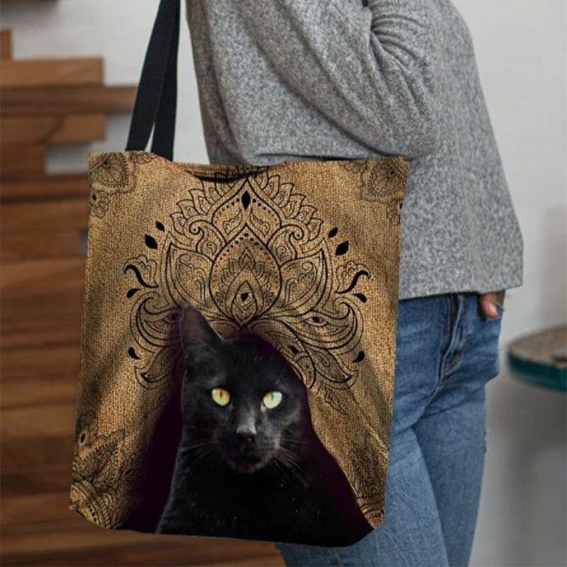 Bolso de mano de lona con diseño de gato negro bonito para mujer 