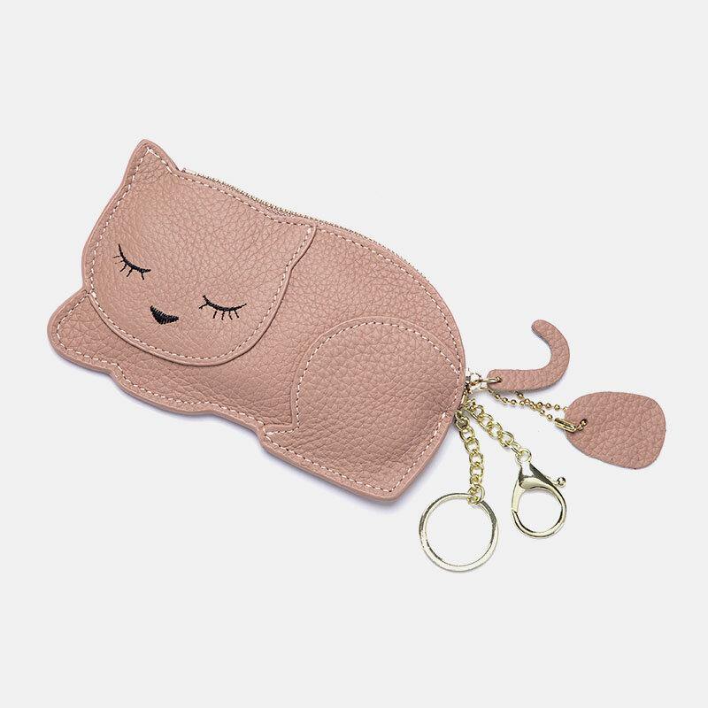 Frauen Echtes Leder Casual Niedlichen Tier Nickerchen Katze Muster Mini Schlüsselbund Münze Tasche Lagerung Tasche 