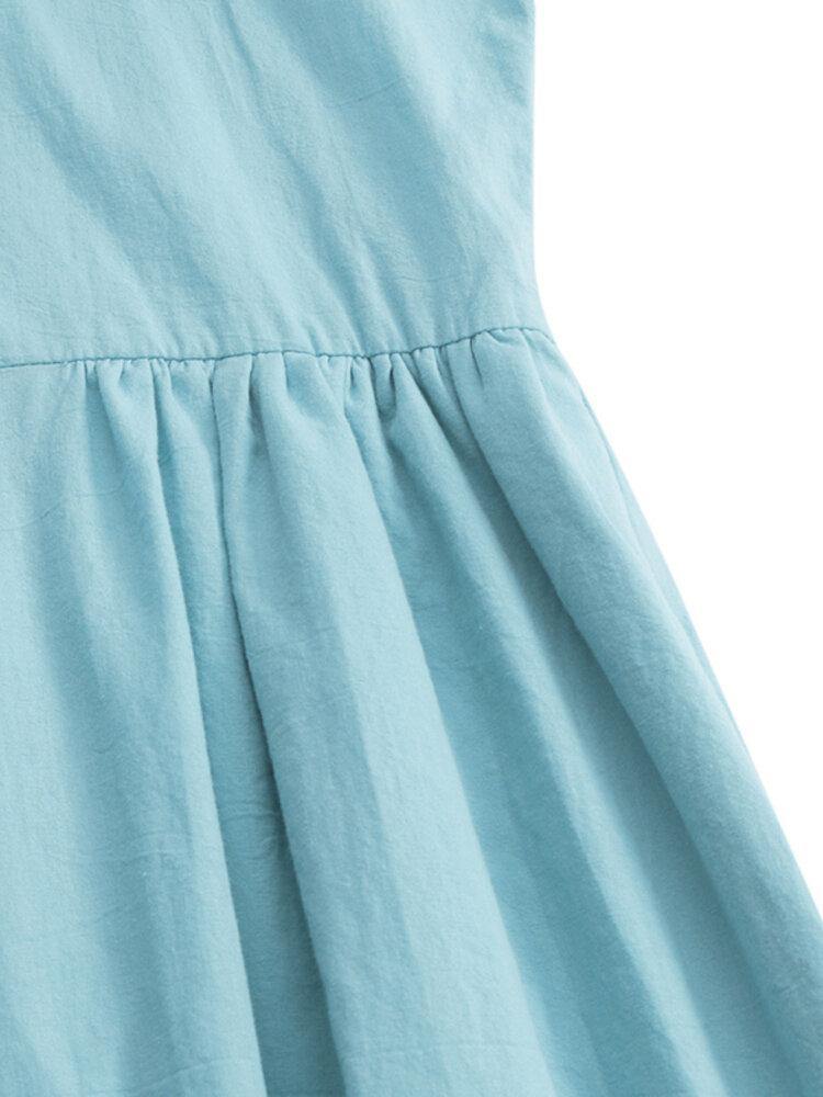 100% Cotton Solid Pleating Side Pockets Midi Dress