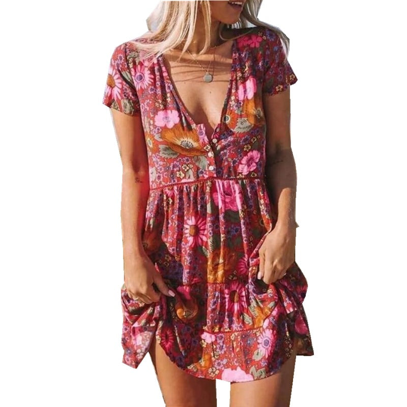 New Women's Printed V-Neck Short-Sleeved Dress