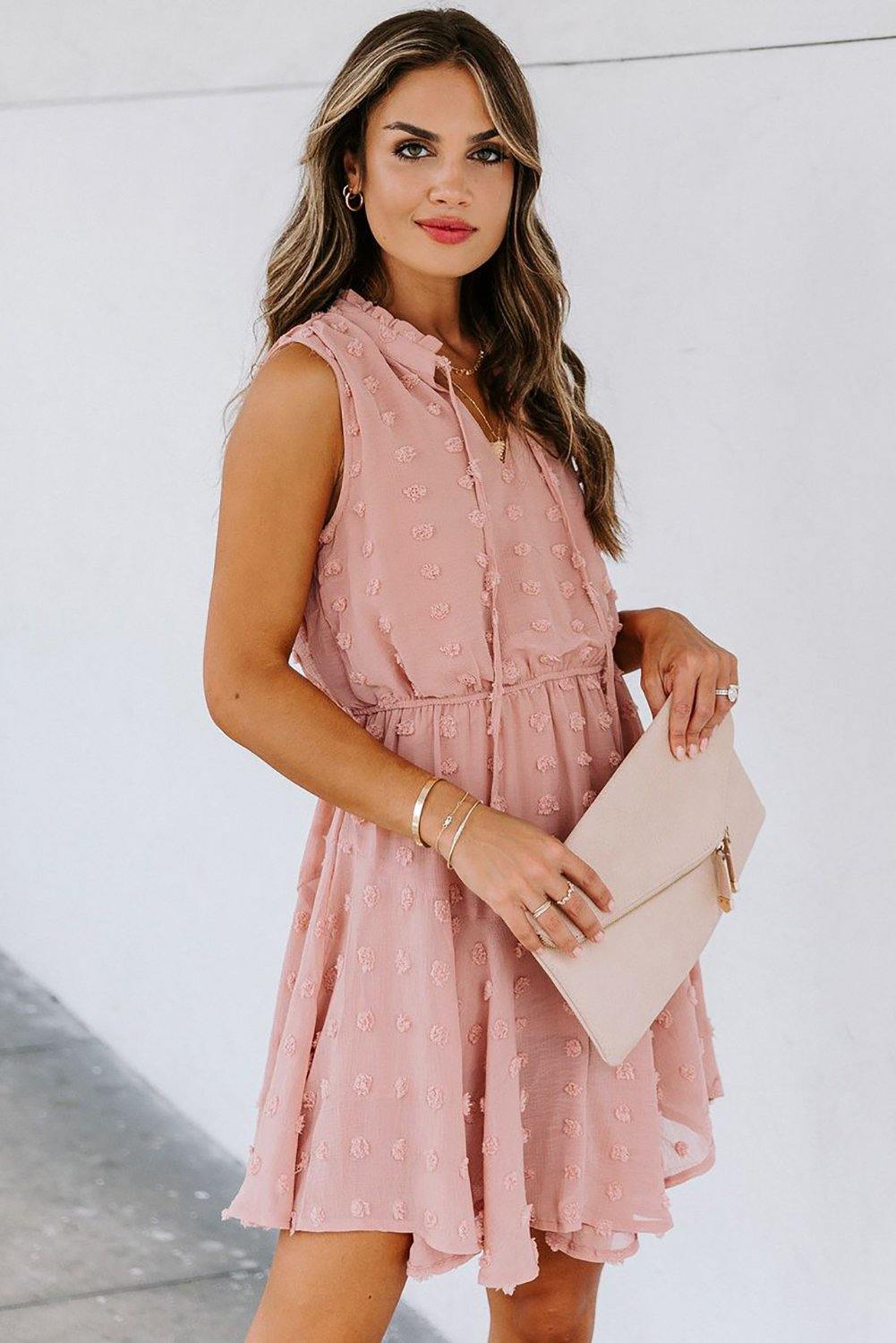 Split Neck Pom Pom Textured Flowy Dress