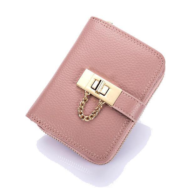 Women Genuine Leather Zipper Card Holder Chain Lock Short Purse Wallets