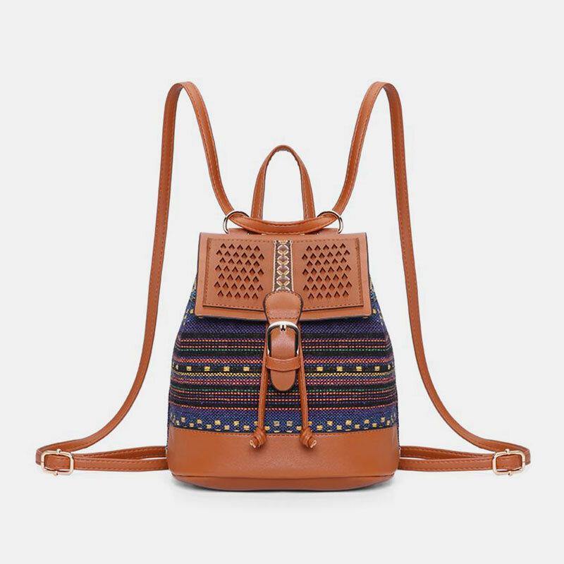 Women Hollow Stitching Ethnic Style Straw Bag Backpack Woven Shoulder Bag Bucket Bag