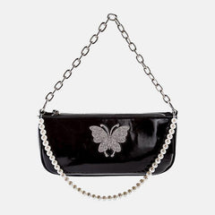 Bolso cuadrado pequeño con patrón de mariposas y cadena de diamantes de imitación con perlas de cuero PU para mujer, bolso de hombro 