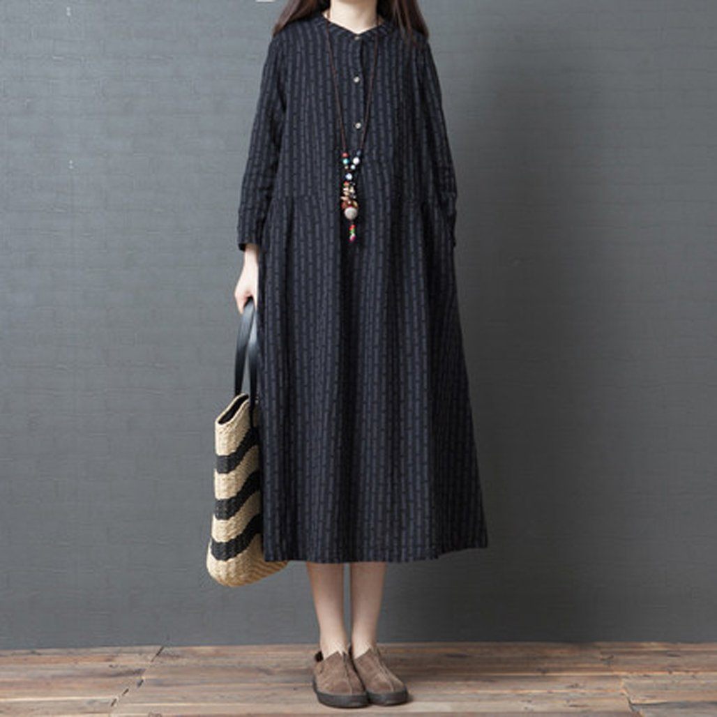 BABAKUD  Autumn Lloose Ramie Cotton Linen  Long Sleeves Dress