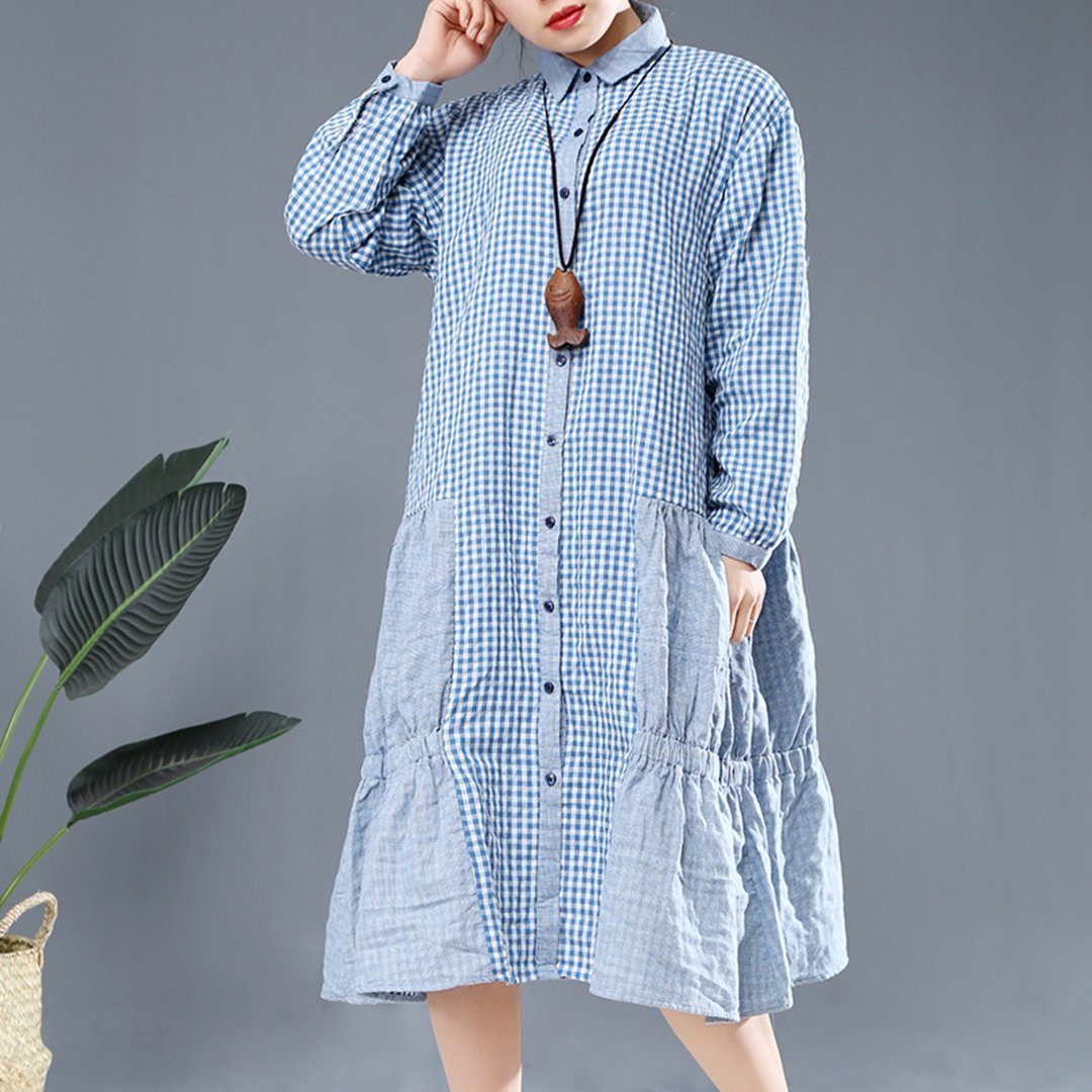 BABAKUD Autumn Loose Casual Linen Gathered Long Sleeve Dress