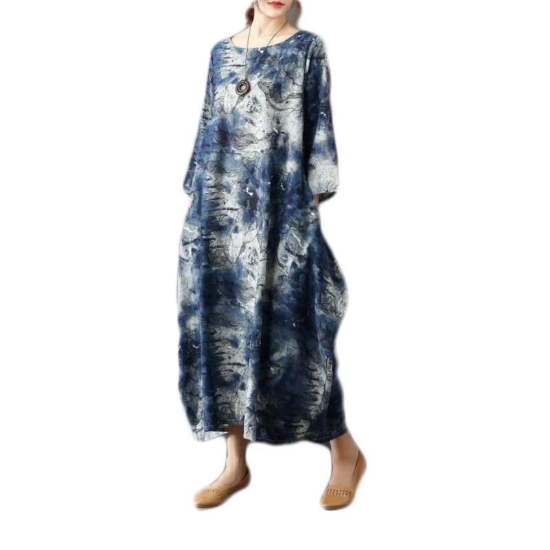 BABAKUD Autumn Retro Loose Thin Cotton Printed Ethnic Long Sleeve Dress