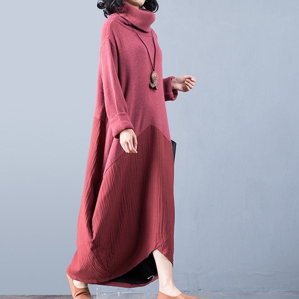 BABAKUD Autumn Winter High Collar Stitching Sweater Linen Dress