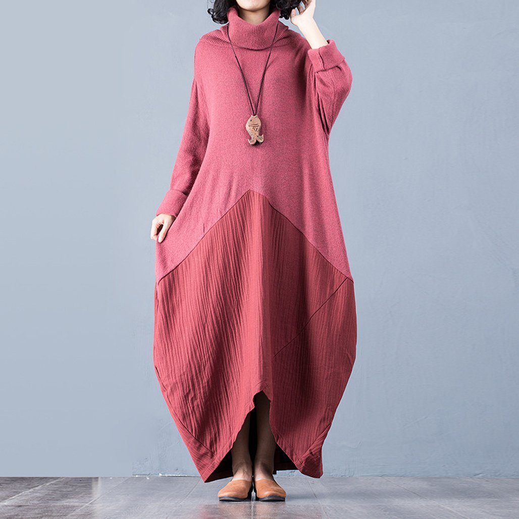 BABAKUD Autumn Winter High Collar Stitching Sweater Linen Dress