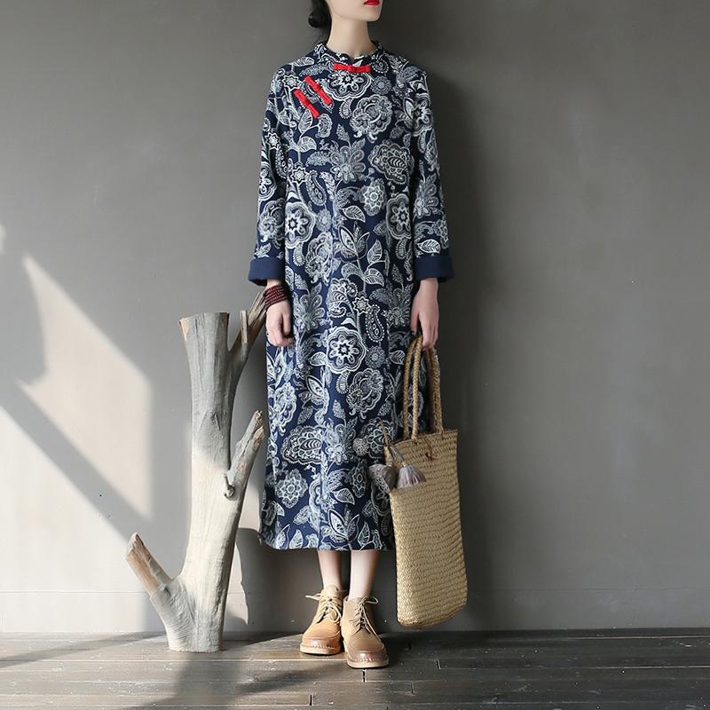 BABAKUD Chinese Ethnic Retro Long Thick Cotton Linen Dress