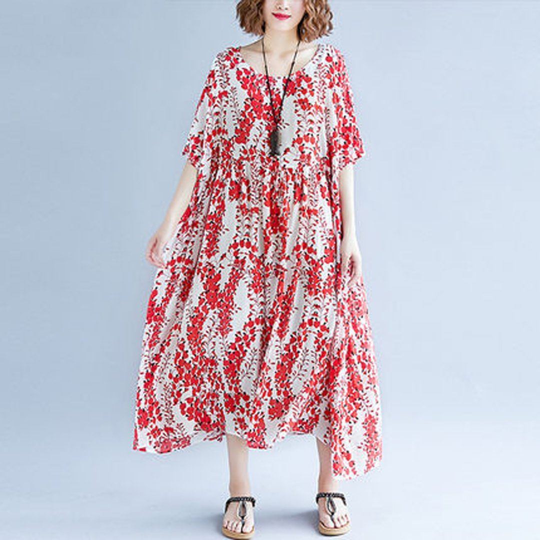 Babakud Crew Neck Floral Casual Loose Gathered Summer Dress