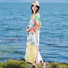 BABAKUD Flower Paneled Loose Casual Linen Long Sleeve Dress