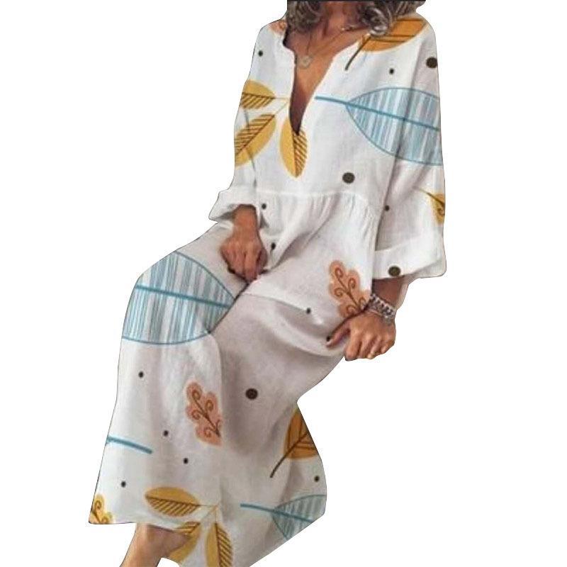 BABAKUD Hot V-Neck Print Long Bohemian Loose Linen Large Size Dress L-5XL