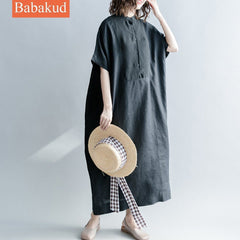 Babakud Linen Casual Loose Solid Button Front Dress With Pocket