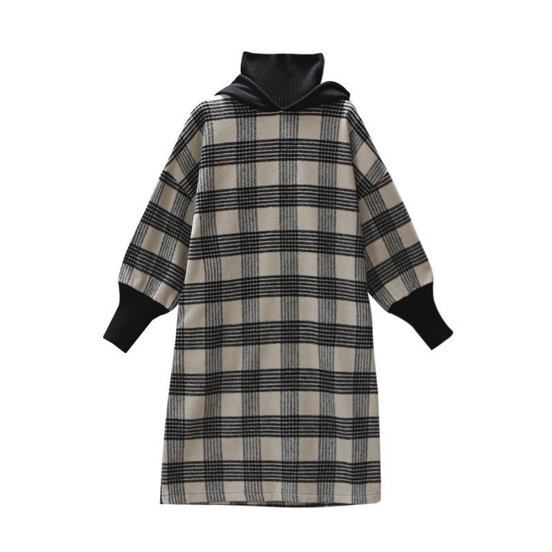 BABAKUD Plaid Turtleneck Thin Wool Hooded Loose Sweater Dress