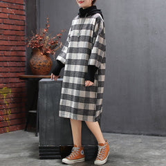 BABAKUD Plaid Turtleneck Thin Wool Hooded Loose Sweater Dress