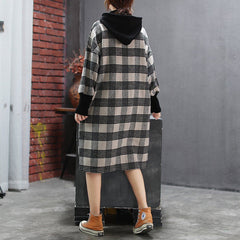 BABAKUD Plaid Turtleneck Thin Wool Hooded Loose Sweater Dress