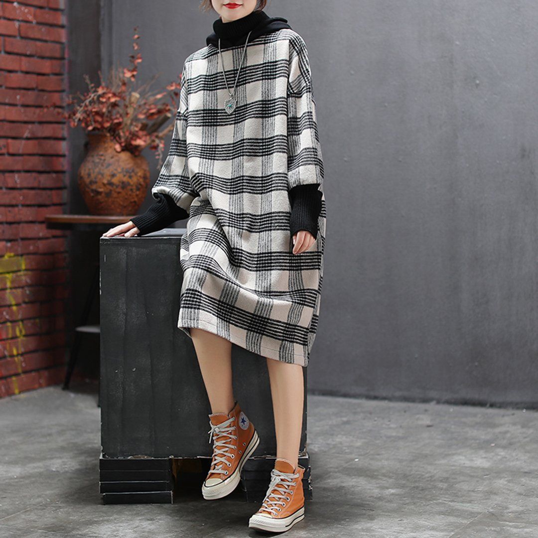 BABAKUD Plaid Turtleneck Thin Wool Hooded Loose Sweater Dress