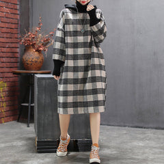 BABAKUD Plaid Turtleneck Thin Wool Hooded Loose Sweater Dress