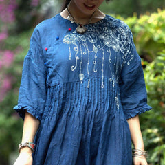 BABAKUD Plant Dyed Blue Batik Texture Cotton Linen Loose Handmade Dress